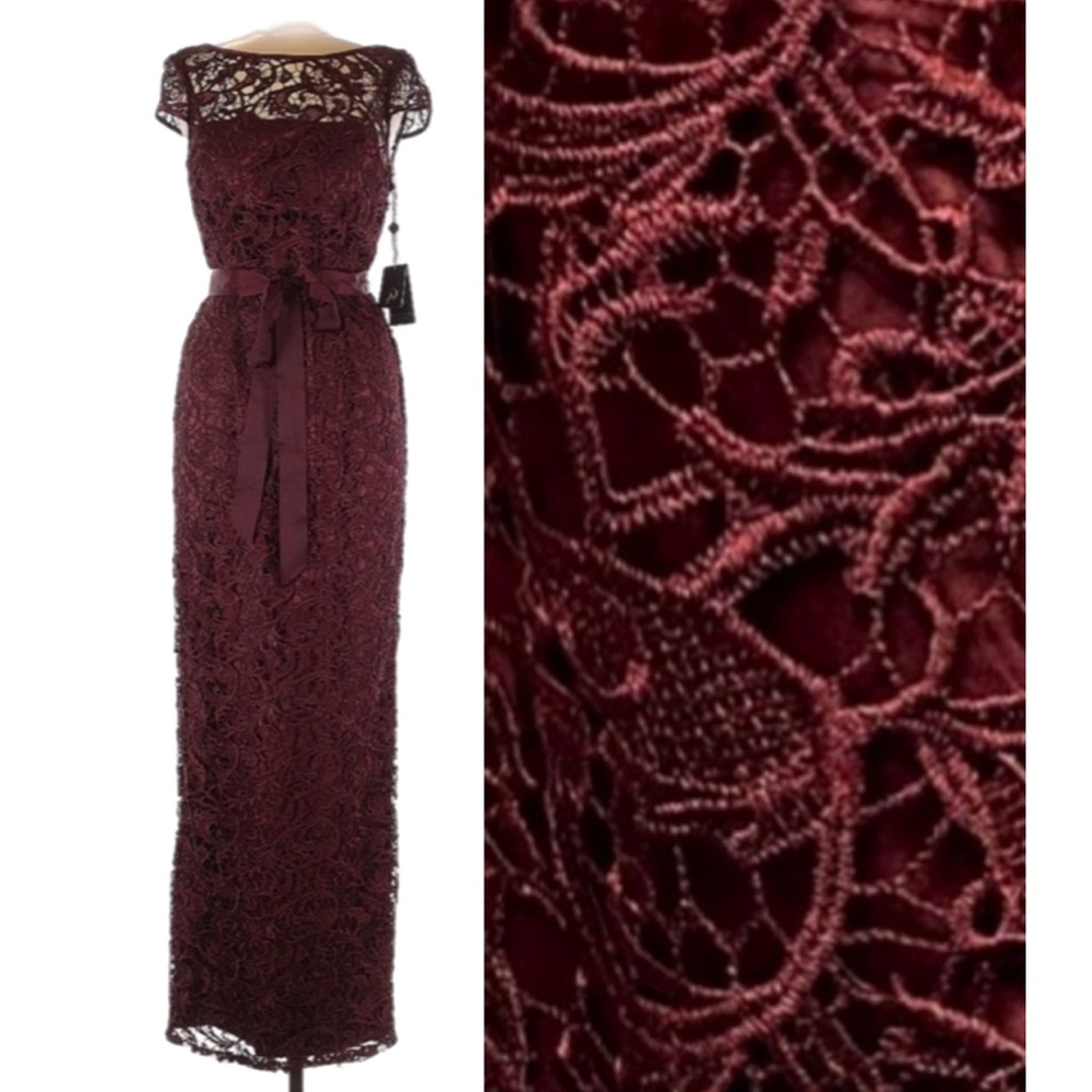 Burgundy Maxi Dress, Chic Lace Gown, Overlay Illusion Bodice New Adrianna Papell